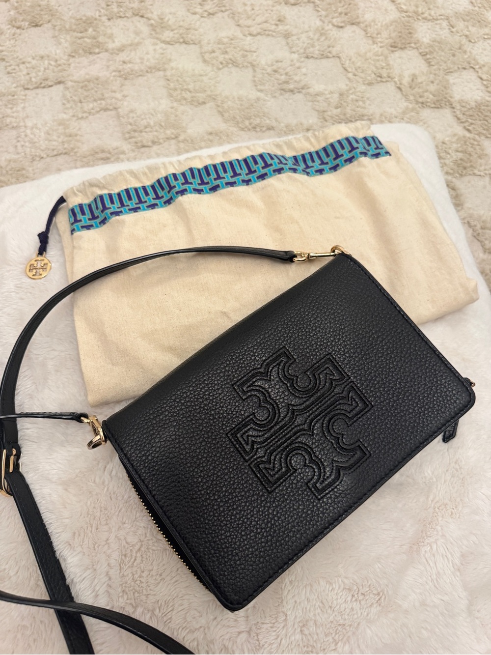 Tory Burch Black Pebbled Leather Logo Crossbody